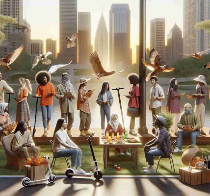 A high-definition, realistic image depicting the new trends in Thanksgiving getaways. It should showcase a diverse group of people with various descent like Caucasian, Hispanic, Black, Middle-Eastern, and South Asian individuals. They are embracing the new trends, perhaps using an e-scooter or having an outdoor, nature-themed picnic instead of the traditional home dinner setup. Some may also opt for tech-savvy options or eco-friendly choices, such as using a solar-powered camping gear. The setting can be a blend of urban and rural environments, reflecting the modern twists on classic traveling norm.