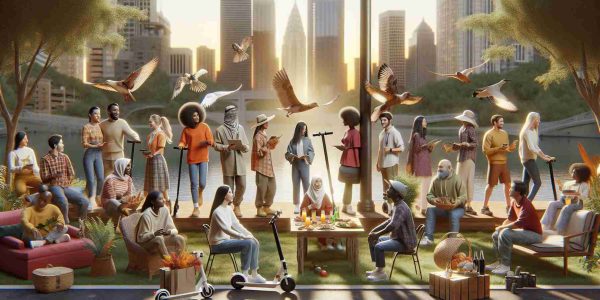 A high-definition, realistic image depicting the new trends in Thanksgiving getaways. It should showcase a diverse group of people with various descent like Caucasian, Hispanic, Black, Middle-Eastern, and South Asian individuals. They are embracing the new trends, perhaps using an e-scooter or having an outdoor, nature-themed picnic instead of the traditional home dinner setup. Some may also opt for tech-savvy options or eco-friendly choices, such as using a solar-powered camping gear. The setting can be a blend of urban and rural environments, reflecting the modern twists on classic traveling norm.