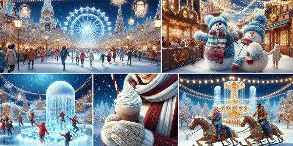 Produce a realistic, high-definition image of a theme park transforming into an enchanting winter wonderland. The scene should showcase snow-covered rides, pristine ice sculptures, twinkling lights arranged in festive patterns, and joyous visitors wrapped in warm clothing. Include the details such as the whipped cream-topped hot chocolate in the hands of South Asian woman, a Black man cheerfully throwing a snowball, a Caucasian child making a snowman, and a Middle-Eastern family enjoying a sleigh ride.