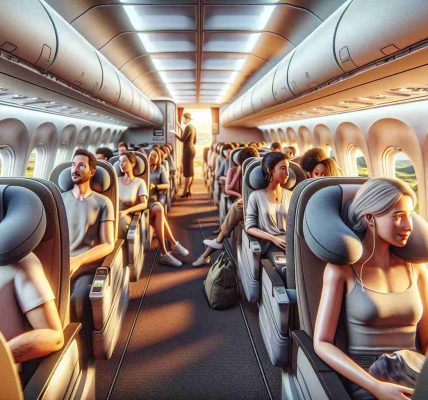 Detailed and realistic high-definition image showcasing the improved passenger experience during landings. Picture an airplane interior with comfortable seating, passengers of diverse descents and genders preparing for landing. They are calm and relaxed, some are looking out through the window at the approaching landscape below, some are chatting, while others rest their heads on ergonomic neck pillows. The lighting inside the cabin is soothing, the atmosphere serene. Attention to detail should include elements like pleasant cabin crew helping passengers, detailed touch screens on the back of seats, and a view from the inside of an airplane about to land.