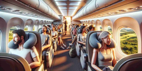 Detailed and realistic high-definition image showcasing the improved passenger experience during landings. Picture an airplane interior with comfortable seating, passengers of diverse descents and genders preparing for landing. They are calm and relaxed, some are looking out through the window at the approaching landscape below, some are chatting, while others rest their heads on ergonomic neck pillows. The lighting inside the cabin is soothing, the atmosphere serene. Attention to detail should include elements like pleasant cabin crew helping passengers, detailed touch screens on the back of seats, and a view from the inside of an airplane about to land.