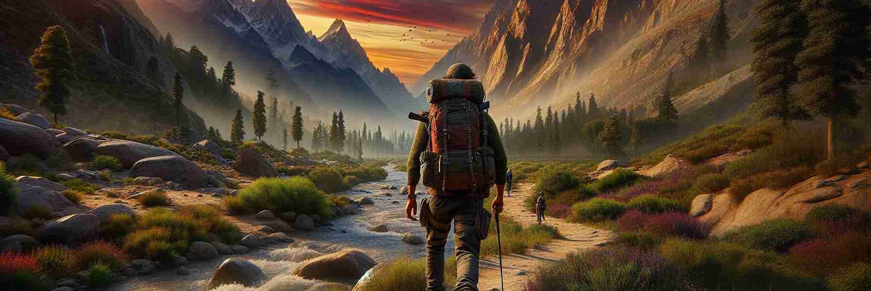 A high-definition, realistic image showcasing a scenario of a journey beyond borders. There's a diverse landscape setting, featuring a mix of high mountains, dense forests, arid deserts, and clear rivers. In this scene, a traveler of South Asian descent with a sturdy backpack strapped on is stepping off a well-trodden path, heading into the unknown. The sky above is a rich blend of an approaching sunset's colors and shades, casting a warm glow on the traveler and the surroundings. The sense of escaping into the wild is profoundly depicted in this image.