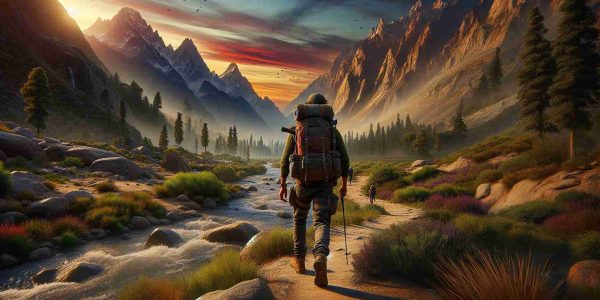 A high-definition, realistic image showcasing a scenario of a journey beyond borders. There's a diverse landscape setting, featuring a mix of high mountains, dense forests, arid deserts, and clear rivers. In this scene, a traveler of South Asian descent with a sturdy backpack strapped on is stepping off a well-trodden path, heading into the unknown. The sky above is a rich blend of an approaching sunset's colors and shades, casting a warm glow on the traveler and the surroundings. The sense of escaping into the wild is profoundly depicted in this image.