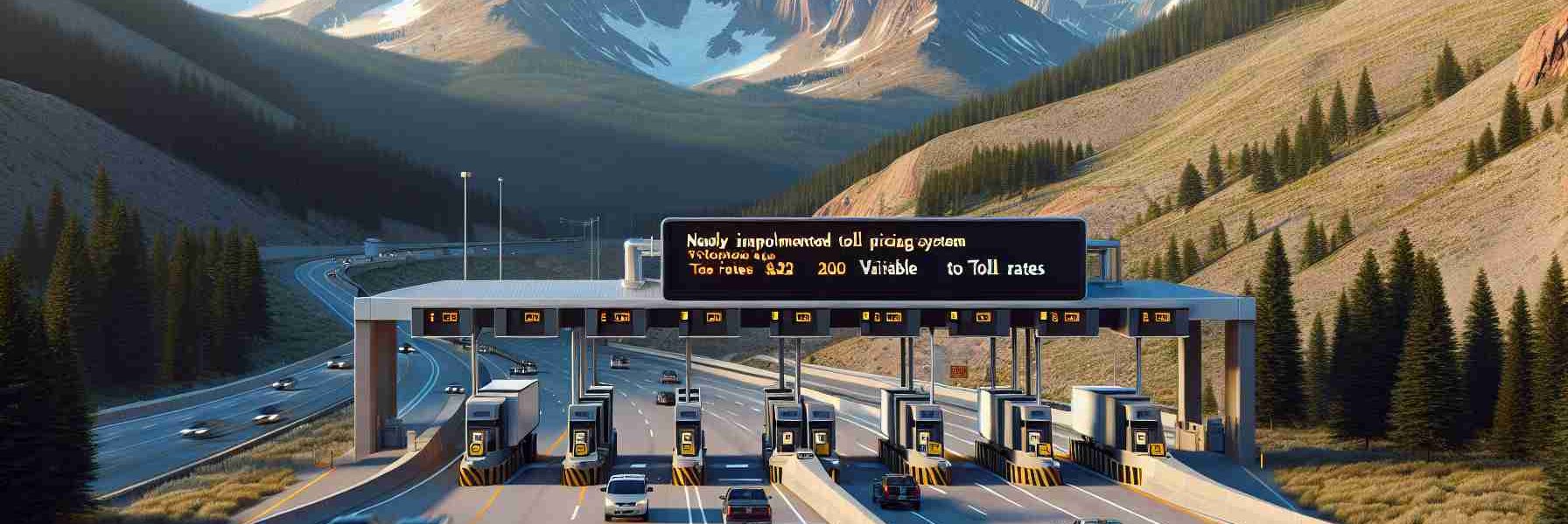 Generate a realistic high-definition image of a newly implemented toll pricing system on Colorado highways. The scene should consist of a modern highway, sweeping through the majestic Rocky Mountains. Display a prominent digital toll booth with clear signage indicating variable toll rates. Also, provide a glimpse of vehicles of various types, from cars to large trucks, moving along the highway. The backdrop should be a clear blue sky and the overall mood of the image should convey a brisk, economic activity.