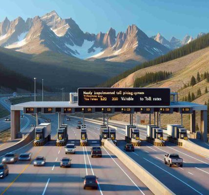 Generate a realistic high-definition image of a newly implemented toll pricing system on Colorado highways. The scene should consist of a modern highway, sweeping through the majestic Rocky Mountains. Display a prominent digital toll booth with clear signage indicating variable toll rates. Also, provide a glimpse of vehicles of various types, from cars to large trucks, moving along the highway. The backdrop should be a clear blue sky and the overall mood of the image should convey a brisk, economic activity.