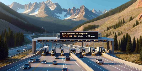 Generate a realistic high-definition image of a newly implemented toll pricing system on Colorado highways. The scene should consist of a modern highway, sweeping through the majestic Rocky Mountains. Display a prominent digital toll booth with clear signage indicating variable toll rates. Also, provide a glimpse of vehicles of various types, from cars to large trucks, moving along the highway. The backdrop should be a clear blue sky and the overall mood of the image should convey a brisk, economic activity.