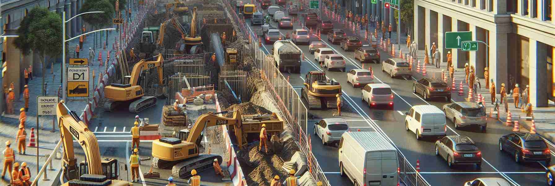 Generate a realistic high-definition image of a new construction project impacting traffic on a major street. The scene includes busy construction workers wearing safety helmets and high visibility jackets, working amidst heavy machineries. Excavators are digging the ground while cranes are hoisting construction materials. The roadway is partially closed causing a traffic jam with a variety of vehicles queuing up. Pedestrians are navigating their way on one side of the street. Traffic signs and barricades are placed around the construction site for safety purposes.