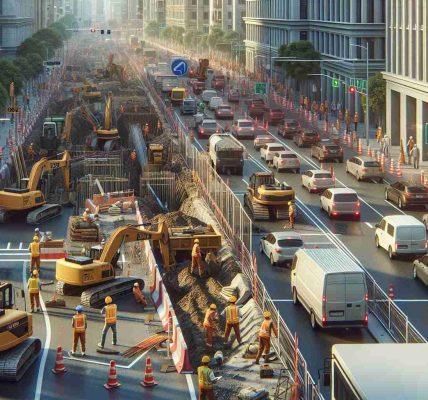 Generate a realistic high-definition image of a new construction project impacting traffic on a major street. The scene includes busy construction workers wearing safety helmets and high visibility jackets, working amidst heavy machineries. Excavators are digging the ground while cranes are hoisting construction materials. The roadway is partially closed causing a traffic jam with a variety of vehicles queuing up. Pedestrians are navigating their way on one side of the street. Traffic signs and barricades are placed around the construction site for safety purposes.