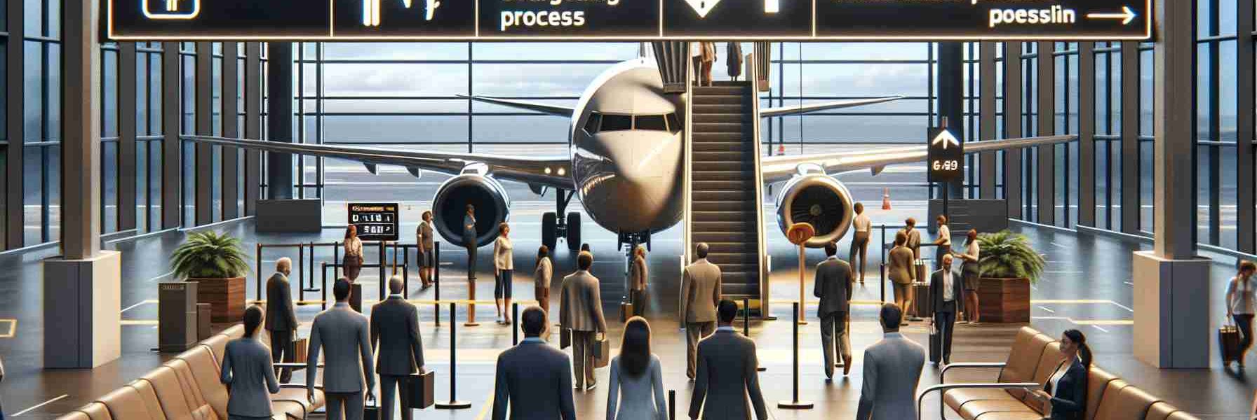 High definition, realistic depiction of new enhancements in the boarding process at a top-ranking airline. The scene should showcase passengers of different descent, both men and women boarding the plane. You can include effective signage displaying the new rules, clear pathways, and staff helping passengers. Additionally, show modernized process like digital boarding passes, spacious waiting areas, and organized boarding queues