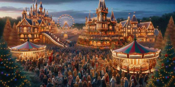 A highly detailed, realistic image of a thrill-filled outdoor entertainment resort during holidays, with decorative lights glittering and festive decorations everywhere. The scene includes a grand castle decorated for the season, crowds of excited people of all descents and genders, enjoying various amusement park rides, food stalls selling delicious treats, and lively parades with costumed performers, all against a backdrop of a dusky twilight sky.