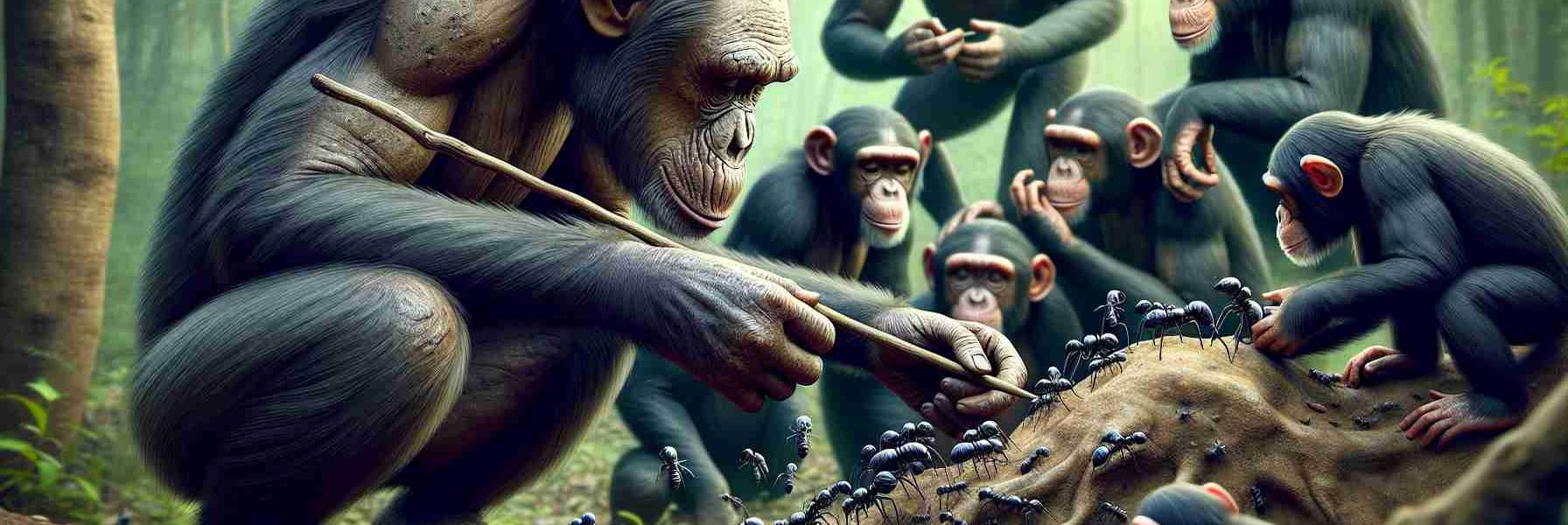 Generate a high-definition, realistic image of a group of chimpanzees, showcasing their advanced tool use abilities and social learning concepts. The scene should depict diverse behaviors such as one chimp skillfully using a stick to extract ants from a hole, another learning from observing its companions, and others communicating amongst themselves. Make sure to capture the intricate social dynamics of the chimps, their intelligence, and their advanced tool-using capabilities.