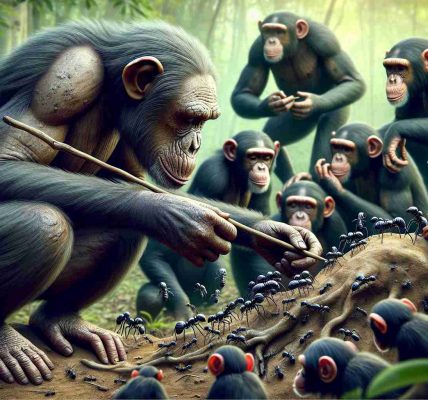 Generate a high-definition, realistic image of a group of chimpanzees, showcasing their advanced tool use abilities and social learning concepts. The scene should depict diverse behaviors such as one chimp skillfully using a stick to extract ants from a hole, another learning from observing its companions, and others communicating amongst themselves. Make sure to capture the intricate social dynamics of the chimps, their intelligence, and their advanced tool-using capabilities.