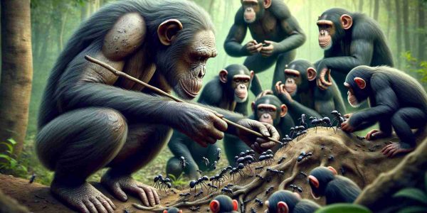 Generate a high-definition, realistic image of a group of chimpanzees, showcasing their advanced tool use abilities and social learning concepts. The scene should depict diverse behaviors such as one chimp skillfully using a stick to extract ants from a hole, another learning from observing its companions, and others communicating amongst themselves. Make sure to capture the intricate social dynamics of the chimps, their intelligence, and their advanced tool-using capabilities.