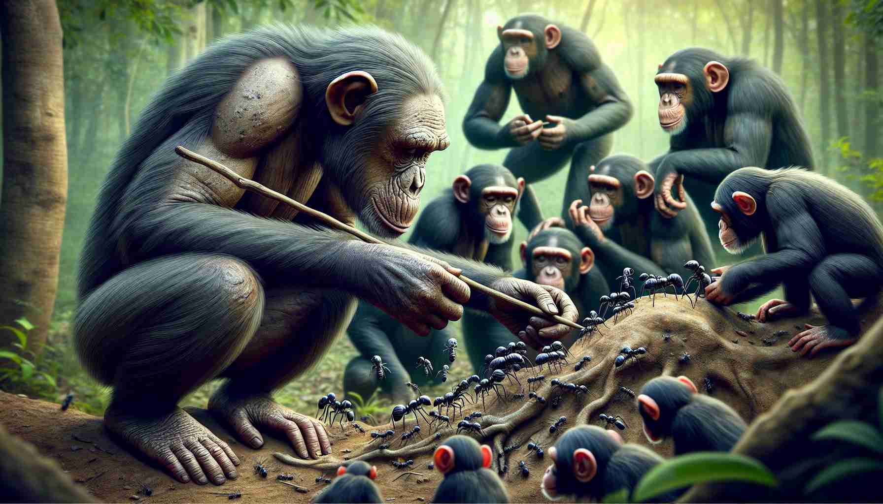 Generate a high-definition, realistic image of a group of chimpanzees, showcasing their advanced tool use abilities and social learning concepts. The scene should depict diverse behaviors such as one chimp skillfully using a stick to extract ants from a hole, another learning from observing its companions, and others communicating amongst themselves. Make sure to capture the intricate social dynamics of the chimps, their intelligence, and their advanced tool-using capabilities.