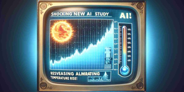 Generate a realistic, high-definition image that illustrates a news headline reading 'Shocking New AI Study Reveals Alarming Temperature Rise!'. The image background should represent an alarming rise in temperature: perhaps a graph showing a sharp upward trend, symbolic elements such as a mercury-filled thermometer showing high temperature, a sun looking hotter than normal.