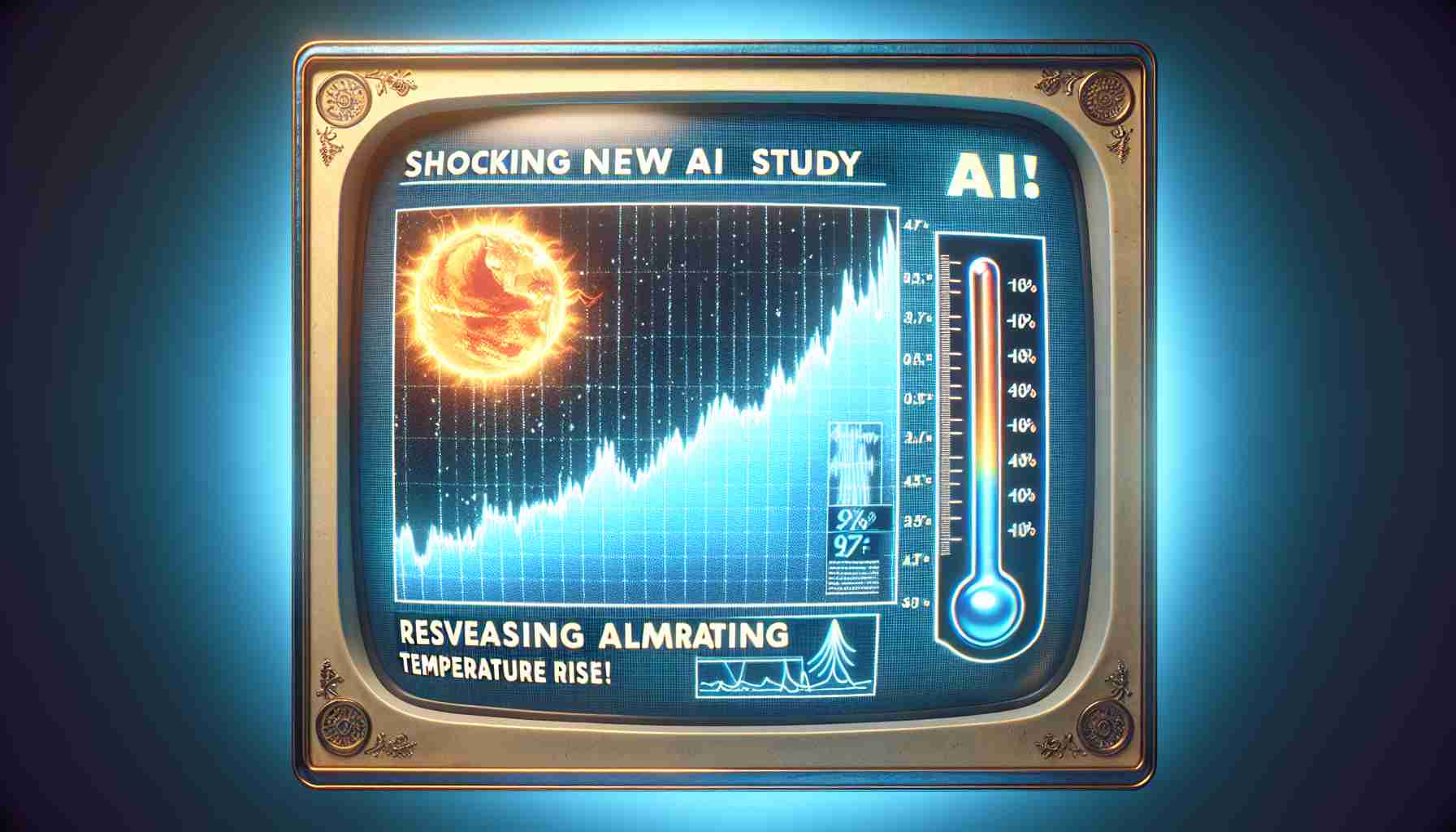 Generate a realistic, high-definition image that illustrates a news headline reading 'Shocking New AI Study Reveals Alarming Temperature Rise!'. The image background should represent an alarming rise in temperature: perhaps a graph showing a sharp upward trend, symbolic elements such as a mercury-filled thermometer showing high temperature, a sun looking hotter than normal.