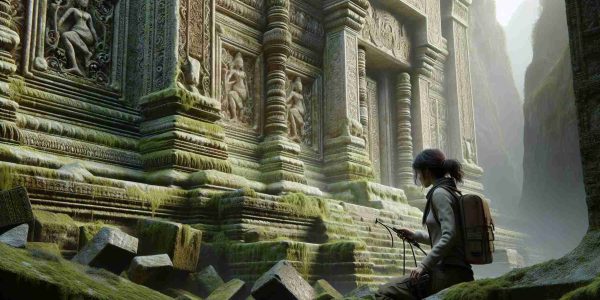 High-definition realistic image depicting the exploration of ancient architectures. Show a scene where an archaeologist, a Caucasian woman, is unearthing the beauty of an intricately designed ancient structure. The ruins should showcase signs of weathering and age with details such as chiseled carvings and moss growth. The background should be imbued with the mystery and allure of historical exploration.