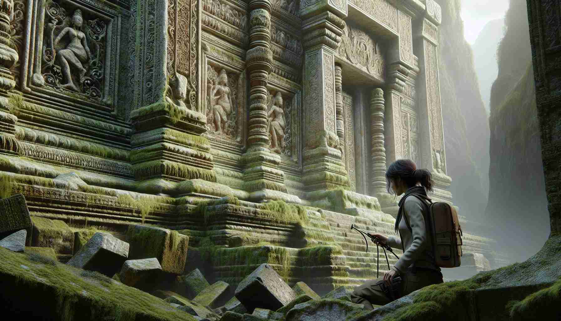 High-definition realistic image depicting the exploration of ancient architectures. Show a scene where an archaeologist, a Caucasian woman, is unearthing the beauty of an intricately designed ancient structure. The ruins should showcase signs of weathering and age with details such as chiseled carvings and moss growth. The background should be imbued with the mystery and allure of historical exploration.