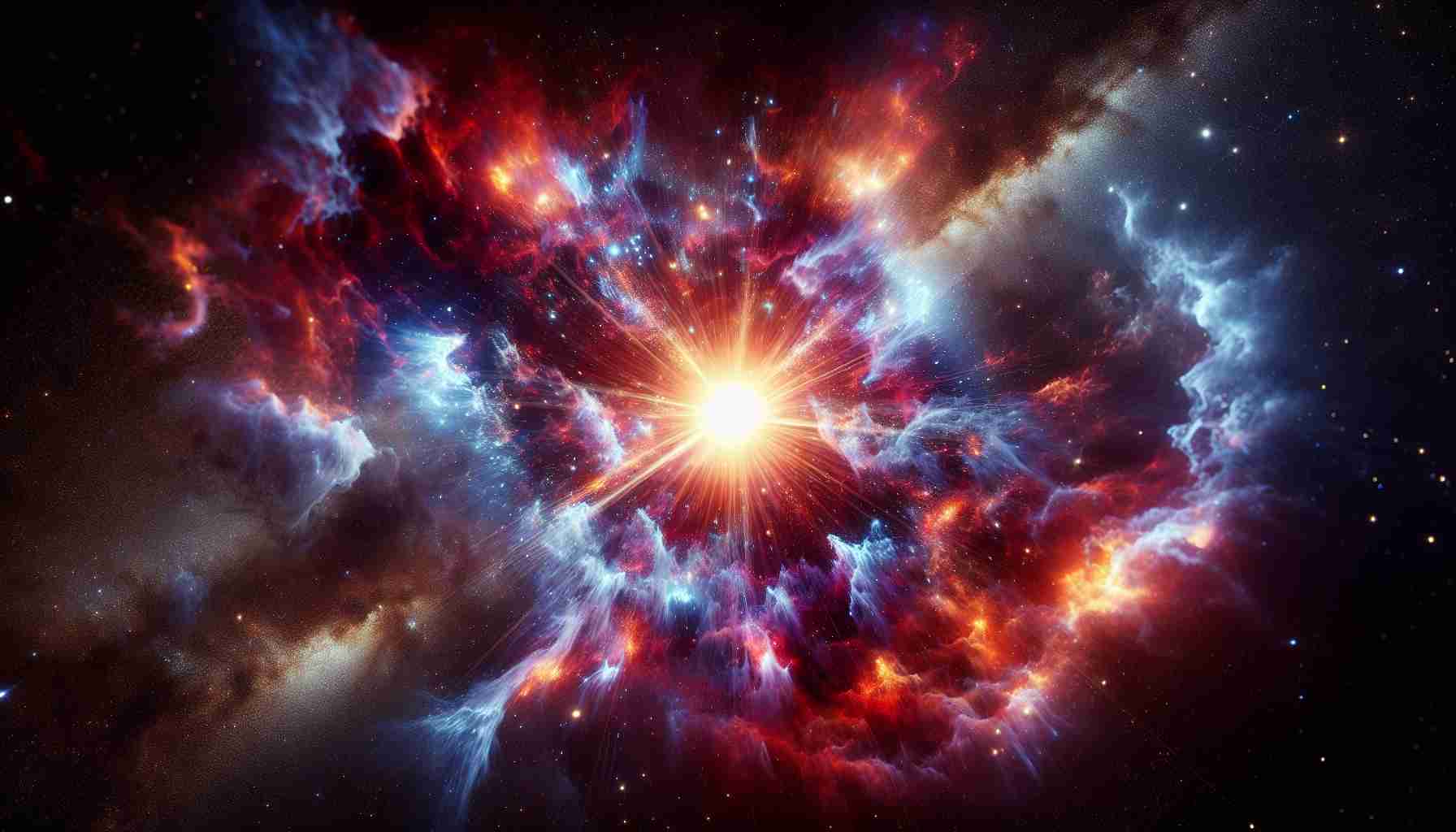 Render an HD photo-realistic image of a celestial picture representing the supernova event that was hypothetically labelled as 2023ufx. The scene showcases the radiant explosion of this massive star with a sprawling array of colours ranging from deep blue to vibrant red, radiating cosmic particles into the surrounding space as it sends shockwaves through its galaxy.