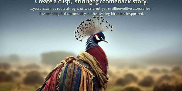 Create a crisp, high-definition image showcasing a majestic bird adorned in unusual attire. The attire should hint at a stirring comeback story, perhaps through weathered, yet resilient accessories or outfits. The scene should encapsulate triumph, resilience, and individuality. Background could hint at its journey, possibly rough terrains it has navigated or the adoring bird-community it has inspired.