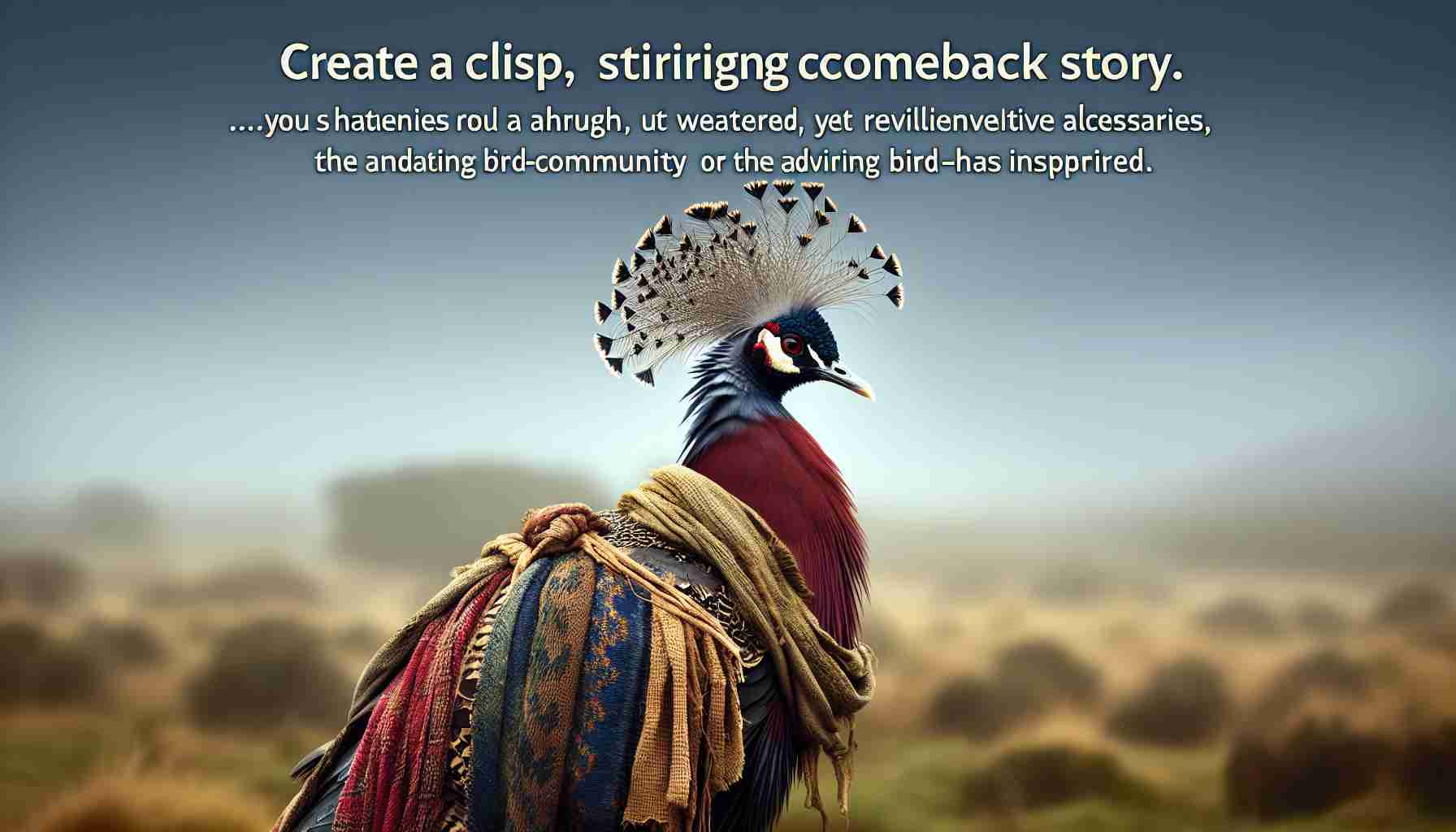 Create a crisp, high-definition image showcasing a majestic bird adorned in unusual attire. The attire should hint at a stirring comeback story, perhaps through weathered, yet resilient accessories or outfits. The scene should encapsulate triumph, resilience, and individuality. Background could hint at its journey, possibly rough terrains it has navigated or the adoring bird-community it has inspired.