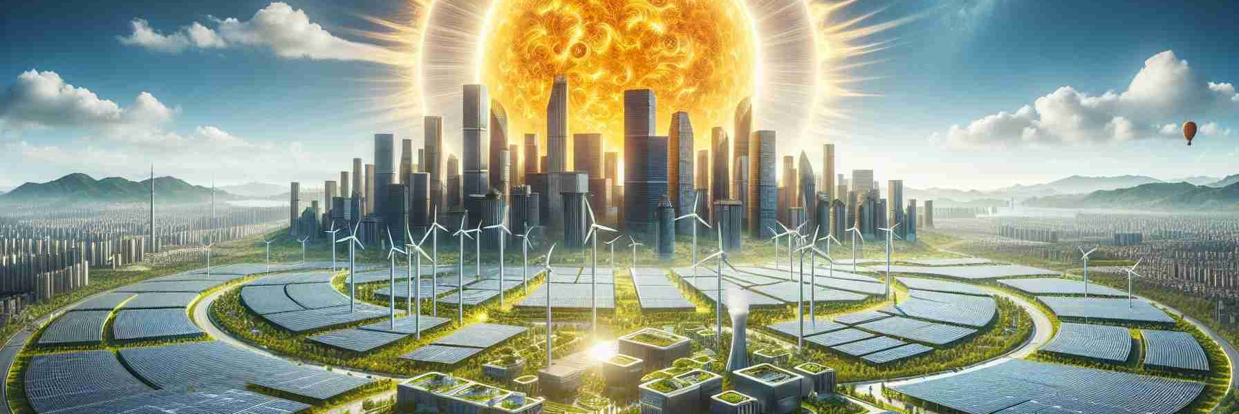 A high-definition and realistic image that portrays the potential of solar energy in revolutionizing our future. Include a vibrant, sunny background with a symbolic, colossal sun hovering over a futuristic cityscape. Additionally, integrate solar panels, both on rooftops and in expansive solar fields surrounding the city, capturing the sun's rays. The city should feature sustainable architecture, with greenery infused buildings and wind turbines. The overall tone of the image should be hopeful, symbolizing a clean, sustainable, and sun-fueled future.