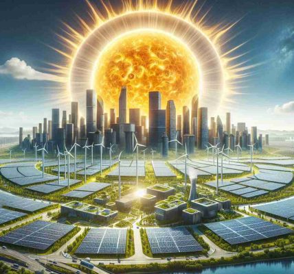 A high-definition and realistic image that portrays the potential of solar energy in revolutionizing our future. Include a vibrant, sunny background with a symbolic, colossal sun hovering over a futuristic cityscape. Additionally, integrate solar panels, both on rooftops and in expansive solar fields surrounding the city, capturing the sun's rays. The city should feature sustainable architecture, with greenery infused buildings and wind turbines. The overall tone of the image should be hopeful, symbolizing a clean, sustainable, and sun-fueled future.