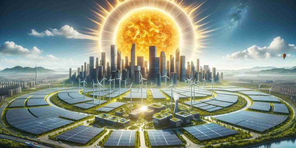 A high-definition and realistic image that portrays the potential of solar energy in revolutionizing our future. Include a vibrant, sunny background with a symbolic, colossal sun hovering over a futuristic cityscape. Additionally, integrate solar panels, both on rooftops and in expansive solar fields surrounding the city, capturing the sun's rays. The city should feature sustainable architecture, with greenery infused buildings and wind turbines. The overall tone of the image should be hopeful, symbolizing a clean, sustainable, and sun-fueled future.