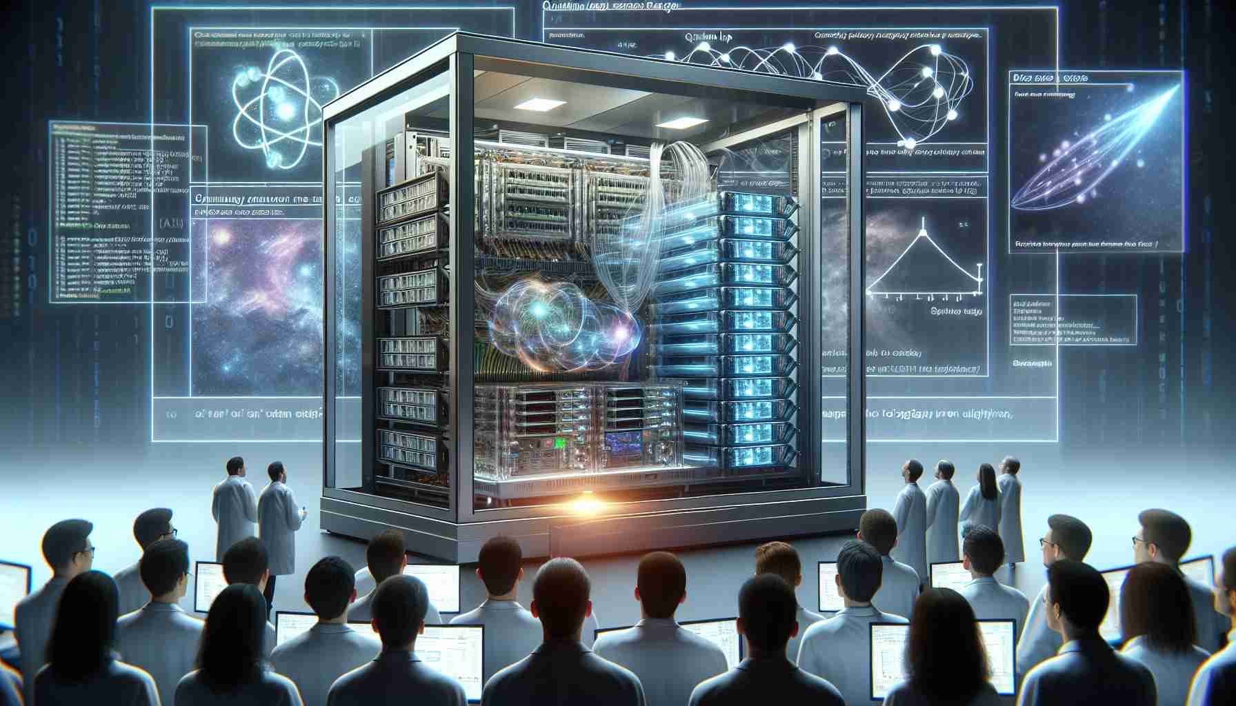 Create a realistic high-definition image depicting a revolutionary breakthrough in memory storage given the pseudonym 'Quantum Leap'. The scene includes a state-of-the-art computer server enclosed in a glass case, with lights blinking to indicate processing. Multiple high-capacity memory drives are visibly connected to the server, with holographic data streams flowing between them. On a large screen in the background, complex quantum algorithms are displayed, depicting how the 'Quantum Leap' technology functions. Also, scientists of various genders and descents, are present, wearing lab coats, observing the technology and discussing its potential applications.