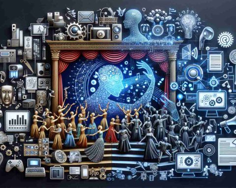 Generate a high-resolution, realistic image showing the concept of artificial intelligence (AI) being used to revive classic dramas. The image should depict iconic elements from traditional dramas such as stage, costumes, and scripts, now intertwined with modern technology symbols like computers, algorithms, and visualizations. The drama being revived is named 'The Return of Oshin' and so elements related to its title such as a figure returning or an emblematic object should be central in the image.