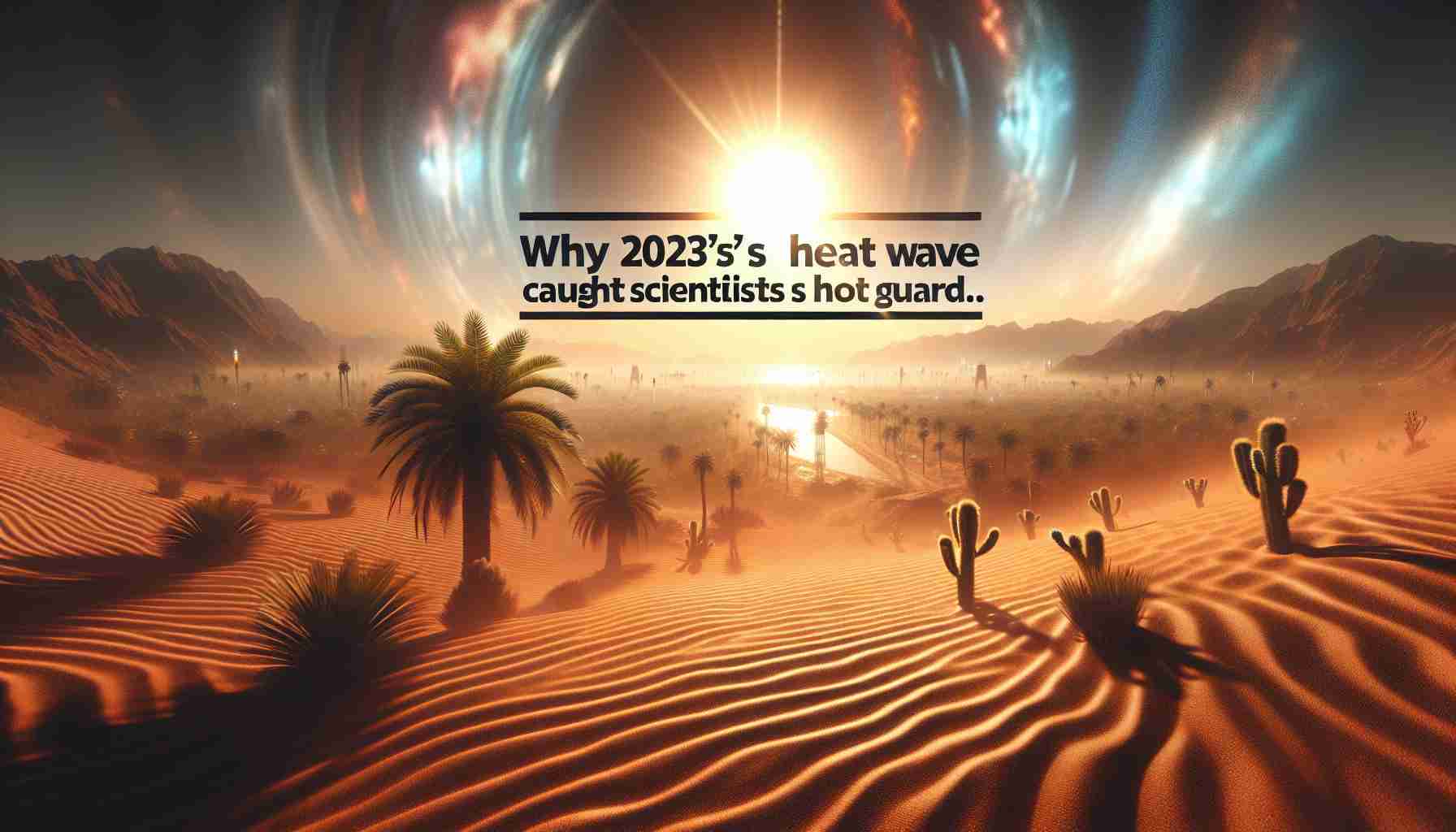 An HD image showcasing the unexpected intensity of a heat wave in 2023. The image could feature the rising sun piercing through a heat haze, with mirages shuddering off parched landscapes. Palm trees or desert flora could wilt under the relentless sun, with a backdrop of distant mountains blurred by layers of heat. In the foreground, a headline in bold text reads, 'Why 2023's Heat Wave Caught Scientists Off Guard,' giving a context of surprise and scientific curiosity.