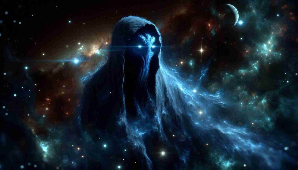 Generate a realistic high definition image displaying a creature known as the 'Blue Lurker'. This creature is cloaked in mystery and said to harbor an array of arcane secrets. It is on a cosmic journey, navigating the expanse of the universe. Show it travelling amidst stars, planets, and nebulae, illuminating the dark corners of the cosmos with its enigmatic presence. The Blue Lurker should appear elusive and enigmatic, its eyes holding a deep, untold secret, adding more depth to the cosmic backdrop.