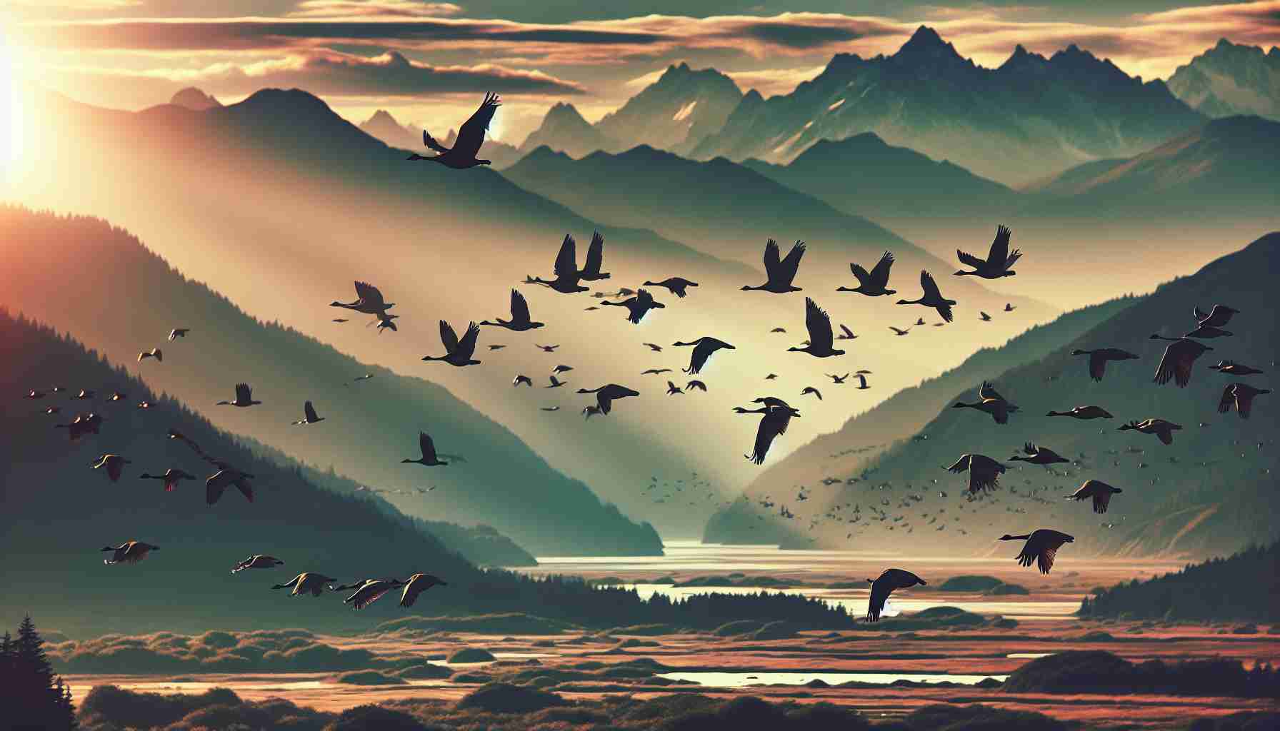 Create a high-definition, realistic image that conjures the essence of a mysterious, long-distance journey. Focus on a multitude of birds from various species as the main subjects, capturing their elegance in flight across vast landscapes. Highlight the sheer distance and various geographic features these birds often traverse, such as mountains, seas, and forests throughout different seasons, lending an air of mystery and exploration to their incredible migration habits.