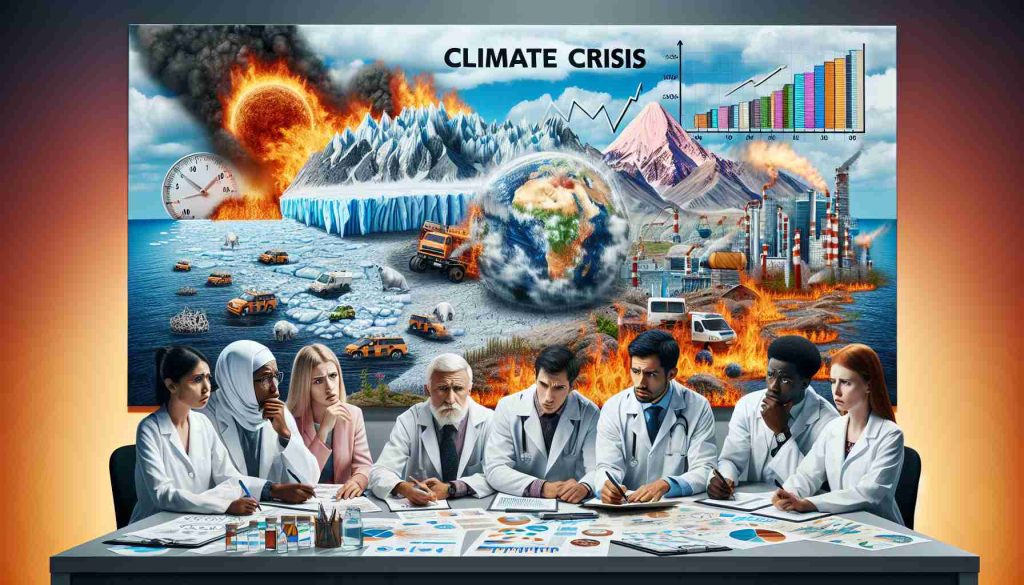 Create a realistic HD image showing the concept of climate crisis. The picture should capture extreme weather conditions like intense heatwaves, melting glaciers, and ravaging forest fires. Alongside these, show a group of worried scientists of different genders and descents, including Caucasian, Black, Hispanic, Middle-Eastern, working together, studying charts and data. Also, incorporate a large, prominent banner displaying the text 'Why Scientists Must Choose Sides Now'.