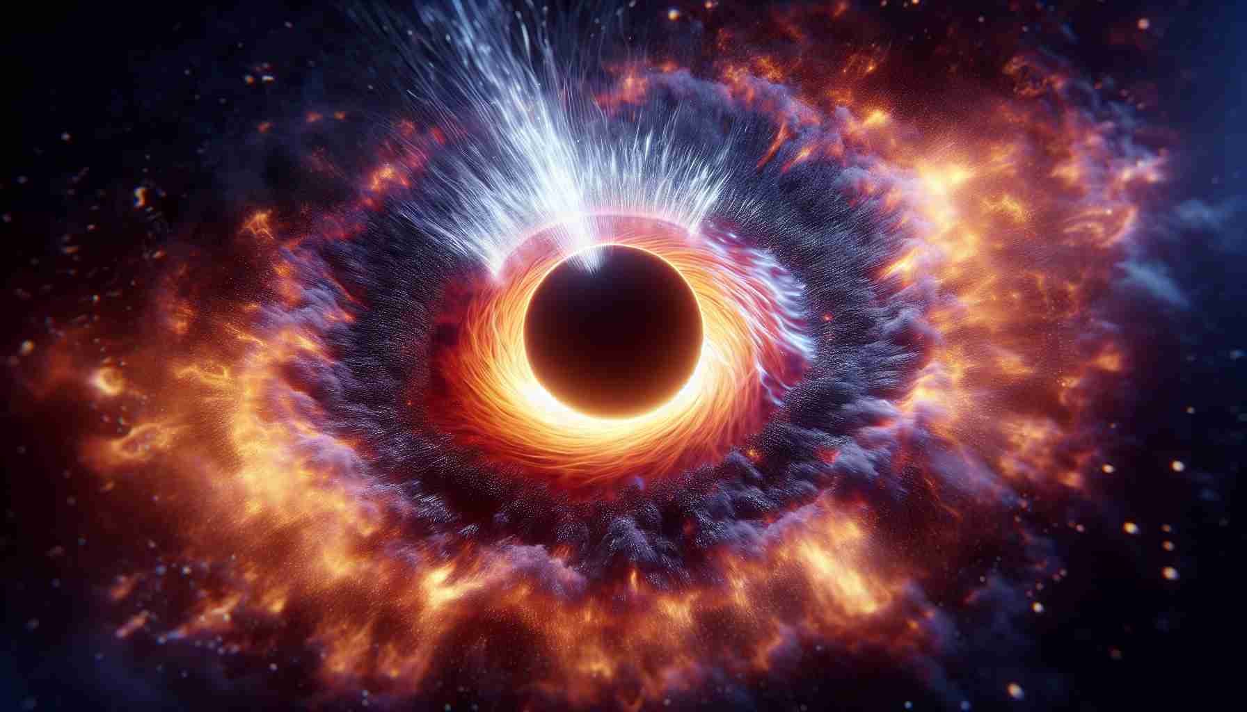 Render a realistic, HD interpretation of a black hole as a plausible ignition source for the universe, capturing the moment of the 'Big Bang'. The image should visually convey a powerful burst of energy and matter from the black hole, suggesting a groundbreaking scientific discovery.