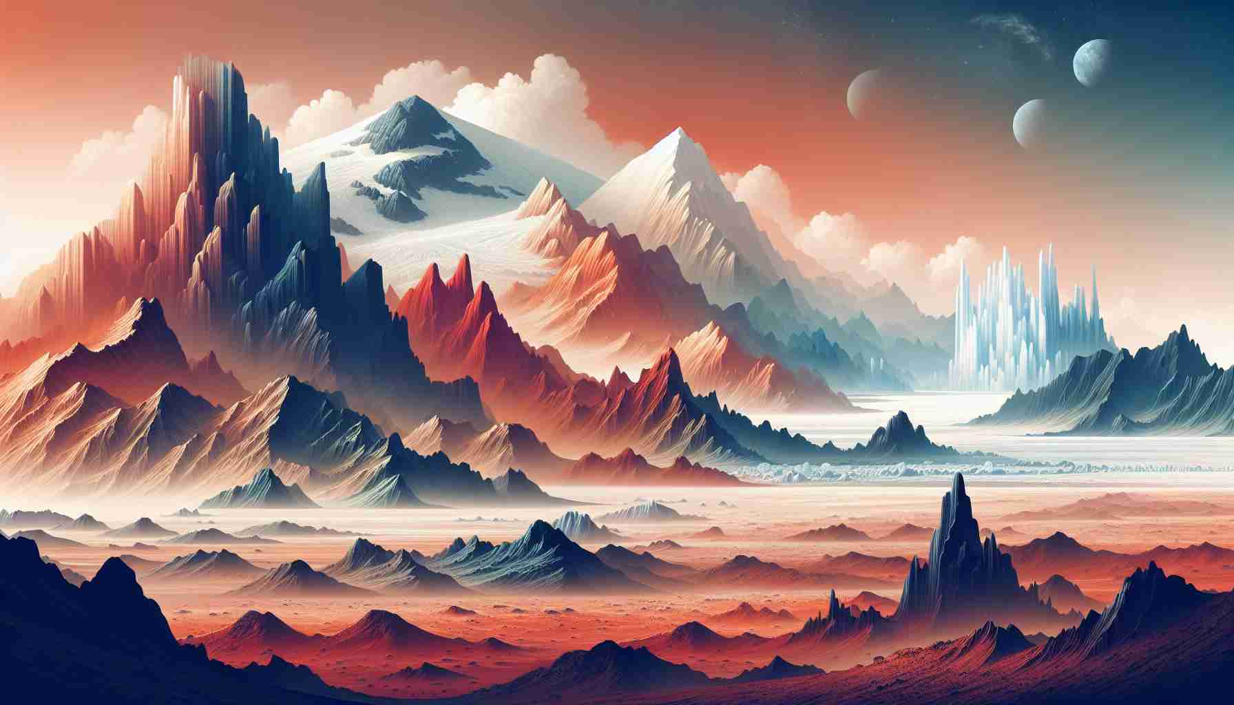 Create a high definition, realistic illustration depicting the unique landscape of Mars. The image should showcase the distinctive features that contribute to its mystery, including deep canyons, towering volcanoes, vast cratered plains, and possibly, frozen water ice at its poles. Elements of the Martian atmosphere, like its dusty, rusty reddish hue, and occasional dust storms should reflect in the image to convey the planet's mysterious aura.