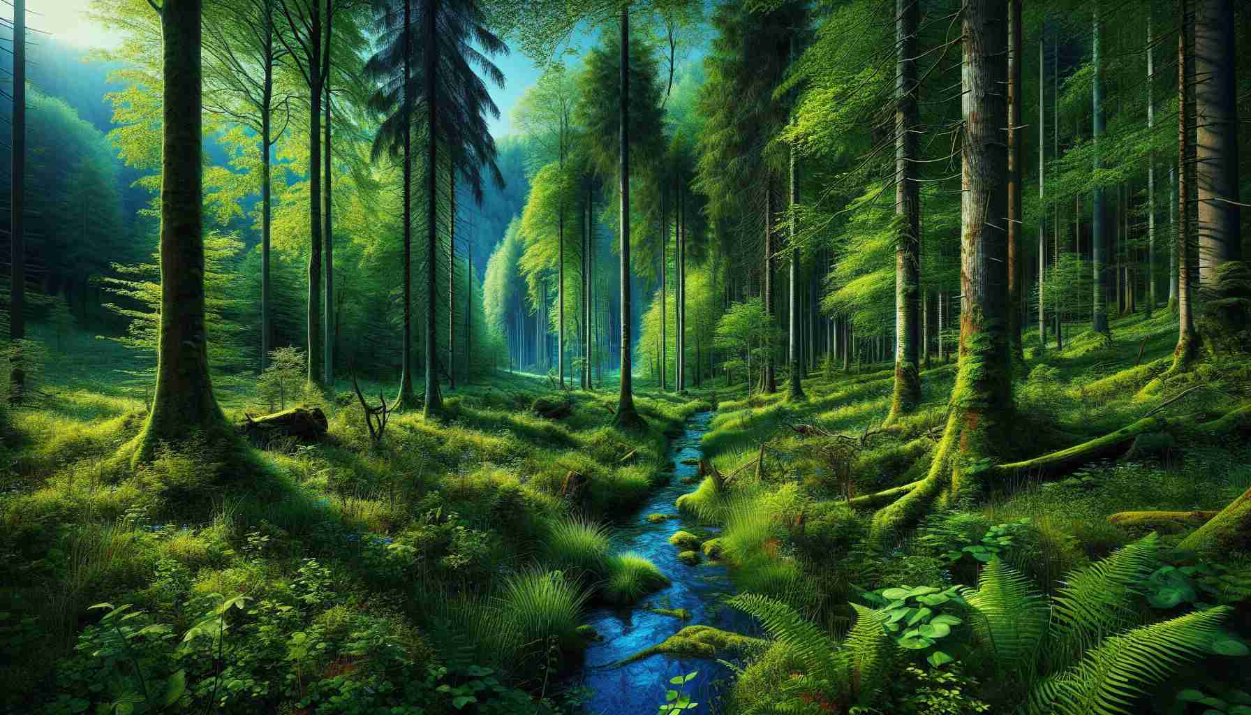 A high-definition, realistic image showcasing the untouched charm of Europe's forests. Visualize an explosion of verdant colors, with tall trees sporting emerald canopies reaching towards the azure skies. Underbrush and ferns blanket the forest flooring, displaying a full spectrum of hues from bright green to earthy browns. Small streams winding through the landscape, their clear water reflecting the surrounding greenery and the dappled sunlight filtering through the foliage. An occasional camouflaged animal or a fluttering bird could add a touch of life to this still scene, attesting to the vibrant biodiversity these forests support.