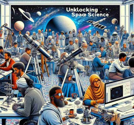 A detailed and hyper-realistic high-definition illustration of a unique workshop themed on 'Unlocking Space Science'. The workshop is buzzing with energy and features people of diverse descents like Middle-Eastern, South Asian, Caucasian, Hispanic, and Black. Both men and women are seen fully engaged: using telescopes, discussing astronomical charts, looking at spacecraft models, and using computers showing astronomical data. Key features include a banner displaying the workshop title, space-themed decorations around the room, and an inclusive mixture of adults and youngsters. The vibe should encapsulate how this revolutionizing event is engaging the community.