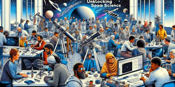 A detailed and hyper-realistic high-definition illustration of a unique workshop themed on 'Unlocking Space Science'. The workshop is buzzing with energy and features people of diverse descents like Middle-Eastern, South Asian, Caucasian, Hispanic, and Black. Both men and women are seen fully engaged: using telescopes, discussing astronomical charts, looking at spacecraft models, and using computers showing astronomical data. Key features include a banner displaying the workshop title, space-themed decorations around the room, and an inclusive mixture of adults and youngsters. The vibe should encapsulate how this revolutionizing event is engaging the community.