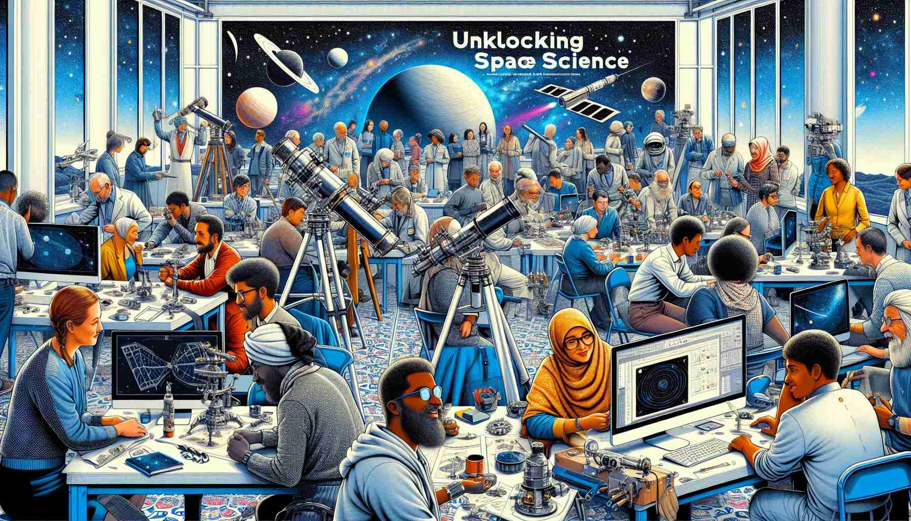 A detailed and hyper-realistic high-definition illustration of a unique workshop themed on 'Unlocking Space Science'. The workshop is buzzing with energy and features people of diverse descents like Middle-Eastern, South Asian, Caucasian, Hispanic, and Black. Both men and women are seen fully engaged: using telescopes, discussing astronomical charts, looking at spacecraft models, and using computers showing astronomical data. Key features include a banner displaying the workshop title, space-themed decorations around the room, and an inclusive mixture of adults and youngsters. The vibe should encapsulate how this revolutionizing event is engaging the community.