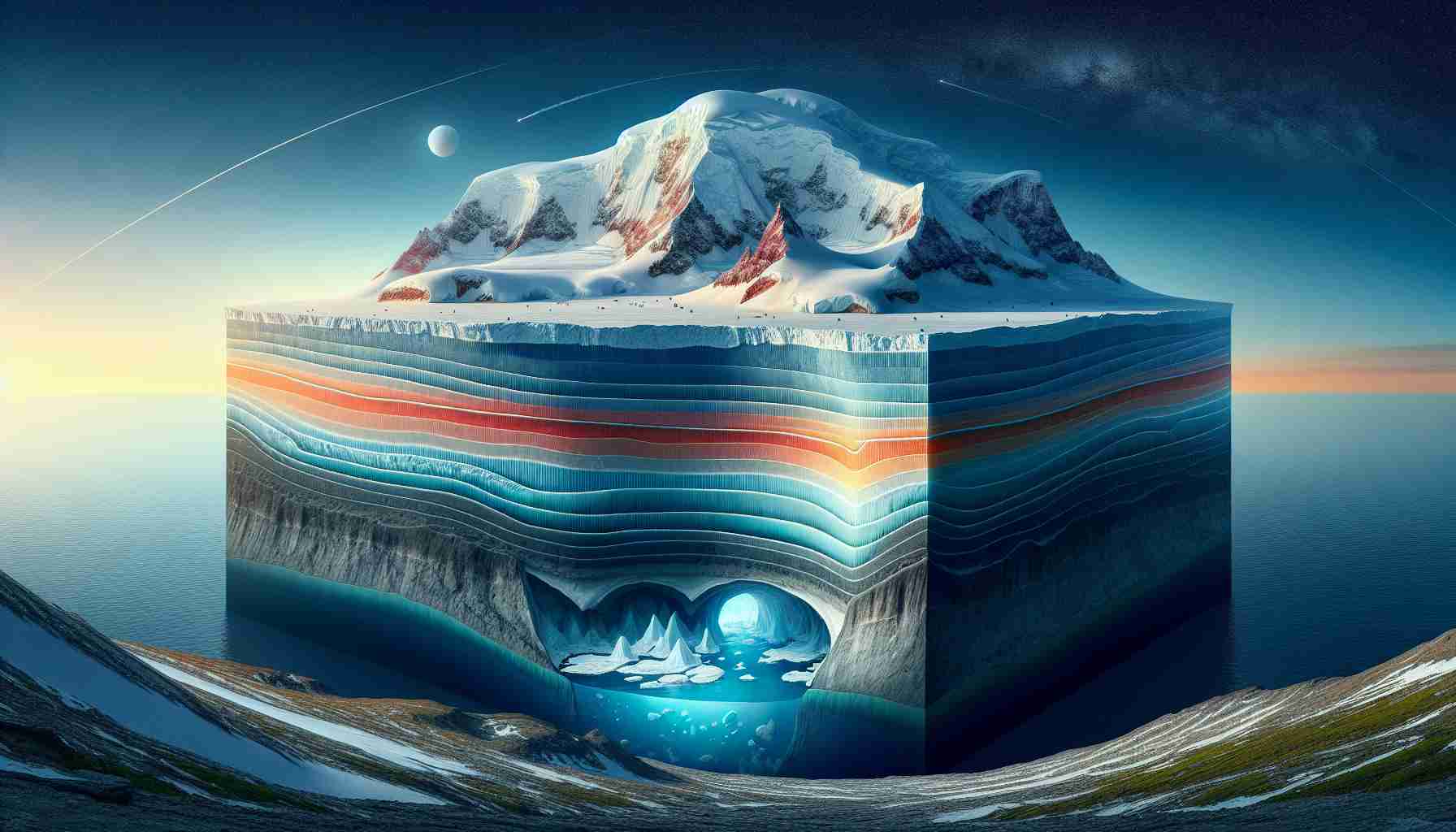 Create a realistic, high-definition image of the Antarctic region, where the ice is melting. Show a cross-sectional view to reveal the hidden processes beneath the surface that are driving sea level rise. This can include water currents, geological layers, and any other unseen phenomena that contribute to the rise in sea level.