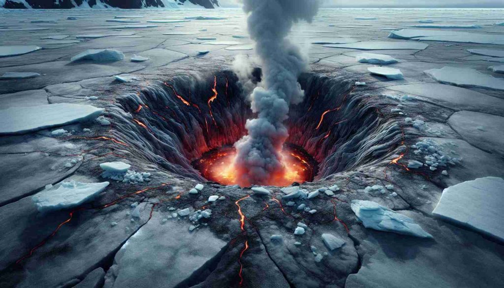 A high-definition, realistic image of a hidden volcanic threat crocheted within the Antarctic landscape. Show an eerie scene of frozen tundra, ice strewn about the rough terrain, with fear-inducing cracks that hint towards the potential fiery terror beneath the surface. May also include dramatic signs of geothermal activity like melting ice, plumes of steam rising from the ground, and subtle vibrations echoed in the ice. The shocking revelation lies hidden and dormant, yet creating ripples of intensity in the tranquility of the icy continent.