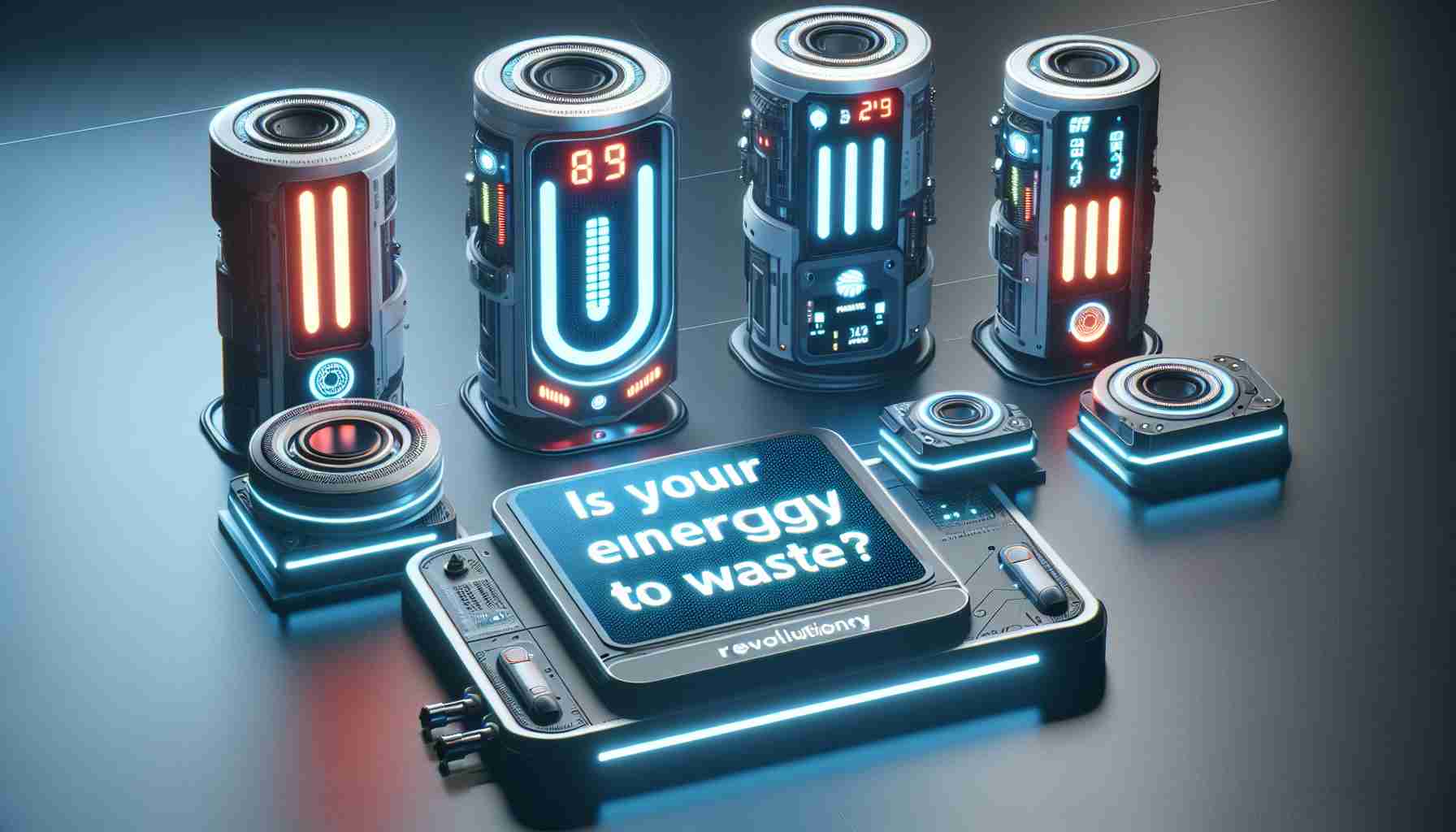 High-definition, realistic image of futuristic revolutionary thermal switches that are representative of the future of energy efficiency. The switches appear next to a large question that highlights the issue of energy waste. The question reads: 'Is your energy going to waste?' The devices shown are cutting-edge, possibly with LED indicators and sleek designs, symbolizing a forward-thinking approach to resource conservation.