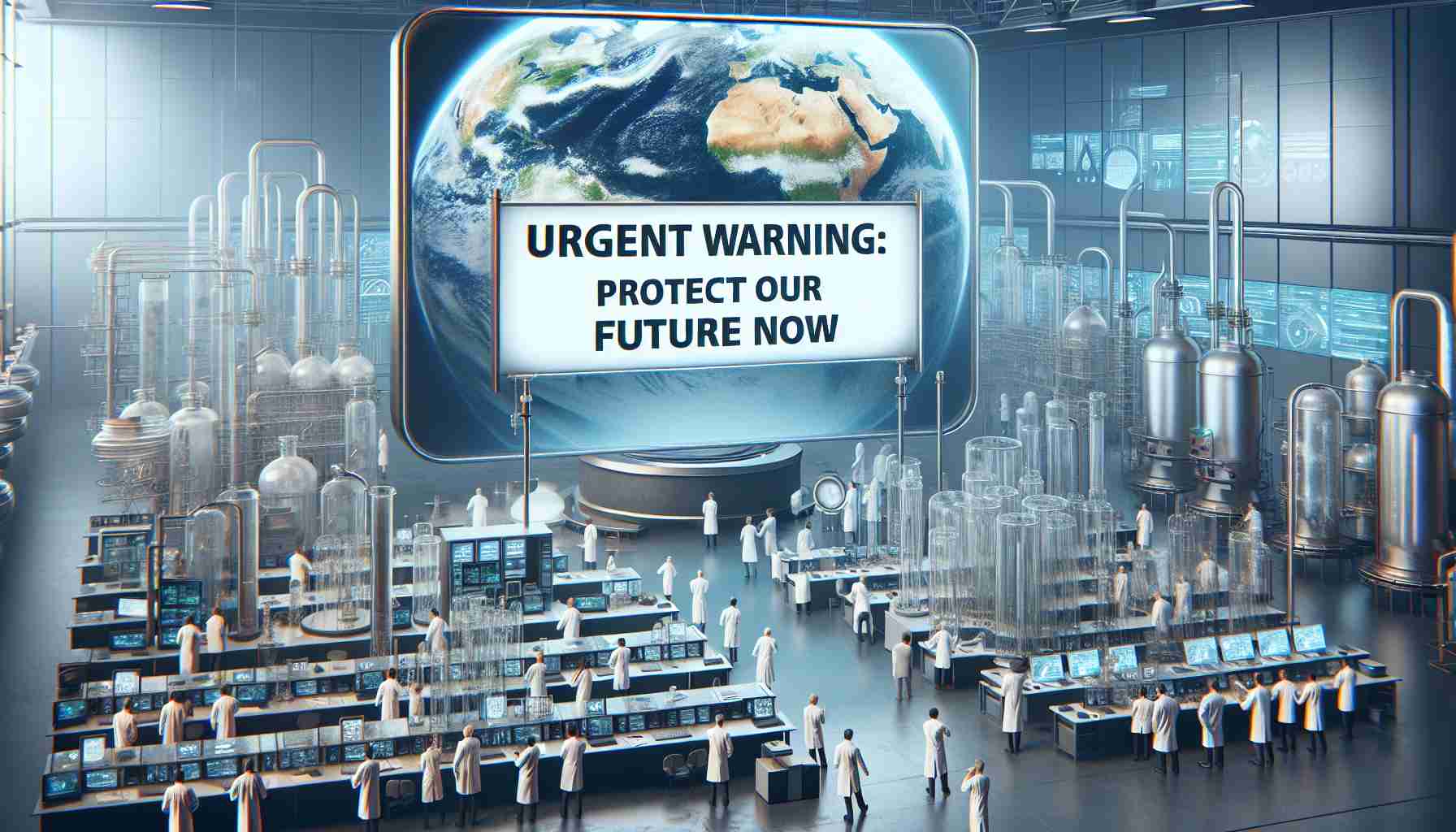 A detailed and realistic high-definition image portraying a grave and immediate cautionary message from scientists for the preservation of our future. The backdrop includes a scientific lab with busy scientists. They're holding a large banner with the words 'Urgent Warning: Protect Our Future Now', clearly outlining their imperative message.