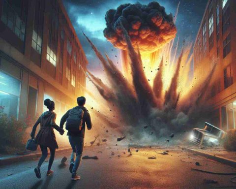 Create a Realistic HD depiction of a narrow escape. Picturize an East Asian male and an African female who just completed their evening walk. Behind them, display a large meteorite striking the ground, creating a massive explosion, dust, debris and light. The pair are in shock, but safely away from the disastrous impact site. The scene is set in an urban environment during twilight, emphasized by a dim and colorful sky.