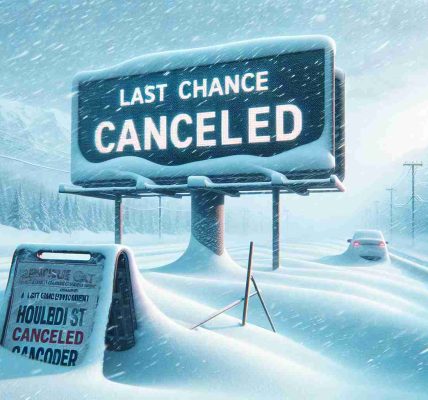 Generate a high-definition, realistic image depicting a winter weather scene causing troubles. The image should include visual signs of a last chance event that has been canceled, like a sad announcement on a billboard or a flyer caught in the snowy wind.