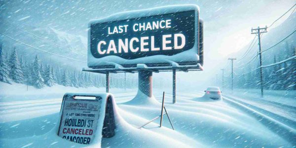 Generate a high-definition, realistic image depicting a winter weather scene causing troubles. The image should include visual signs of a last chance event that has been canceled, like a sad announcement on a billboard or a flyer caught in the snowy wind.