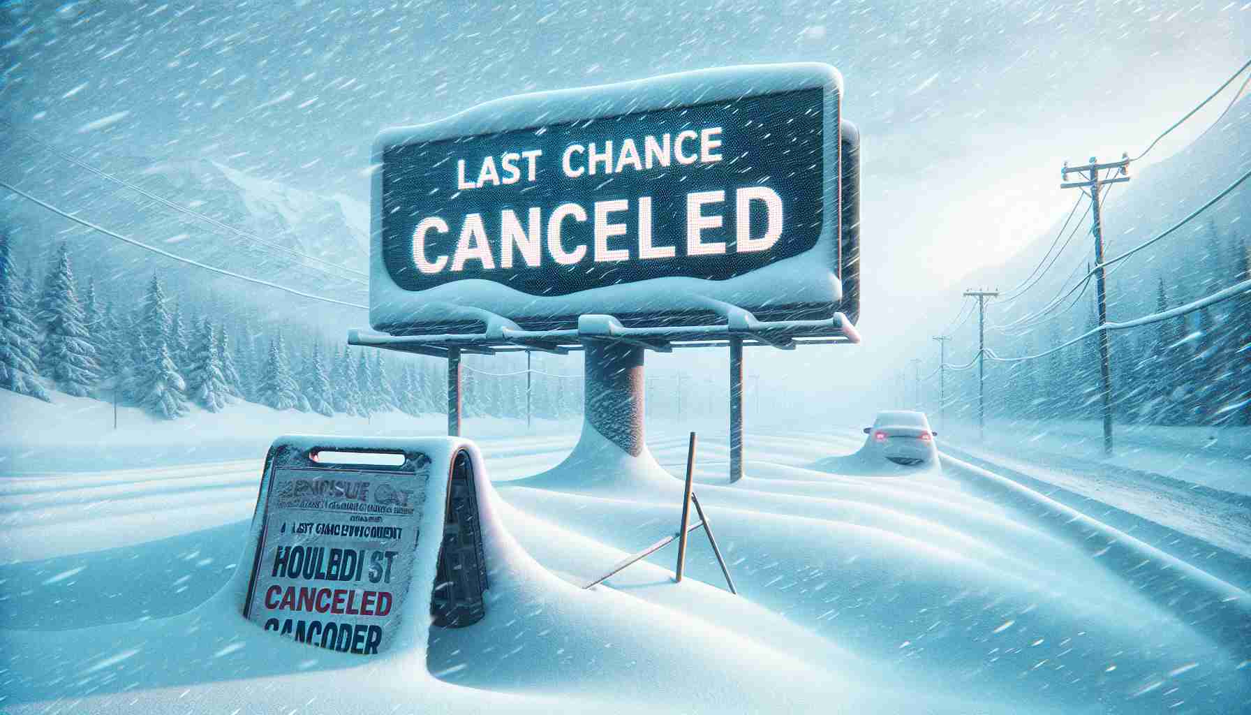 Generate a high-definition, realistic image depicting a winter weather scene causing troubles. The image should include visual signs of a last chance event that has been canceled, like a sad announcement on a billboard or a flyer caught in the snowy wind.